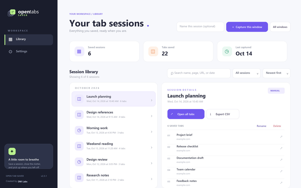 Open Tab Saver interface screenshot